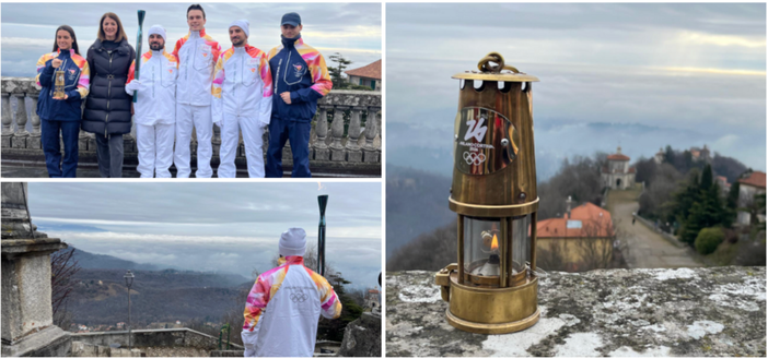Il vicesindaco Ivana Perusin con i tedofori e la fiamma olimpica al Sacro Monte
