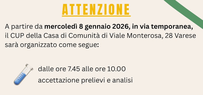 Cambiano gli orari della Casa di Comunità di viale Monterosa a Varese