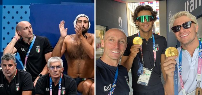 Riccardo Cipolat, a sinistra con il Settebelllo e, a destra, con Thomas Ceccon e Nicolò Martinenghi Riccardo Cipolat, a sinistra con il Settebelllo e, a destra, con Thomas Ceccon e Nicolò Martinenghi