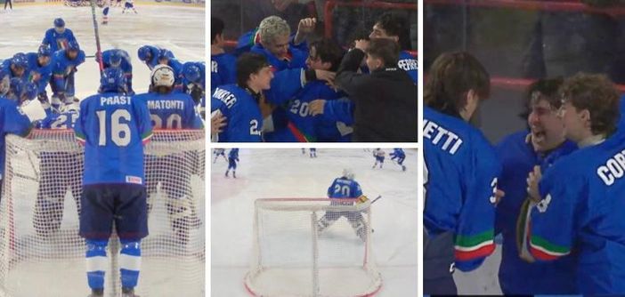 Tutti su Filippo Matonti (con il numero 20) che urla di gioia alla vittoria del Mondiale Under 18 di Asiago