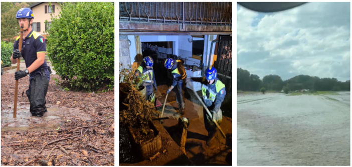 Nelle prime due foto si spala e si liberano cantine, abitazioni e strade a Bisuschio in Valceresio, a destra l'esondazione della Roggia Nuova nel quartiere di Capolago a Varese (Foto Corpo Volontari di Protezione Civile - Nucleo Mobile di Pronto Intervento)