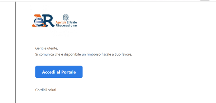 Lo screen della mail della finta Agenzia delle Entrate