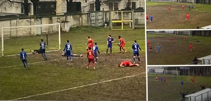 Tutti giù per terra: a sinistra Mapelli viene abbattuto da una gomitata di un giocatore a palla lontana (ferita al labbro, verrà ricucito in ospedale con 8 punti di sutura) sull'azione del 2-2 del Fanfulla, a destra Bertoli scappa via e viene affrontato al limite dell'area e poi fatto cadere dal portiere. Sarebbe stato il rigore del possibile 3-2 Tutti giù per terra: a sinistra Mapelli viene abbattuto da una gomitata di un giocatore a palla lontana (ferita al labbro, verrà ricucito in ospedale con 8 punti di sutura) sull'azione del 2-2 del Fanfulla, a destra Bertoli scappa via e viene affrontato al limite dell'area e poi fatto cadere dal portiere. Sarebbe stato il rigore del possibile 3-2