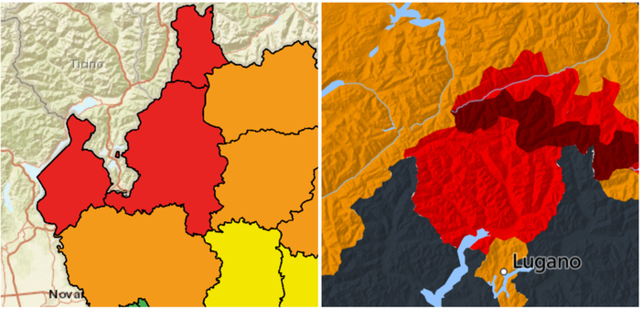 L'allerta rossa e arancione per la provincia di Varese (rossa nel nord, cioè zona laghi e Prealpi) della protezione civile e, a destra, quella di Meteo Svizzera L'allerta rossa e arancione per la provincia di Varese (rossa nel nord, cioè zona laghi e Prealpi) della protezione civile e, a destra, quella di Meteo Svizzera