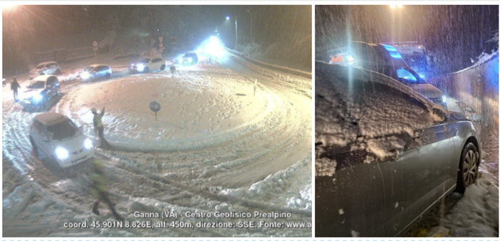 Da sinistra: la situazione neve sulla statale in Valganna intorno all’1.30 di notte (Webcam Centro Geofisico Prealpino) e una delle auto coinvolte nell'incidente sempre sulla 233