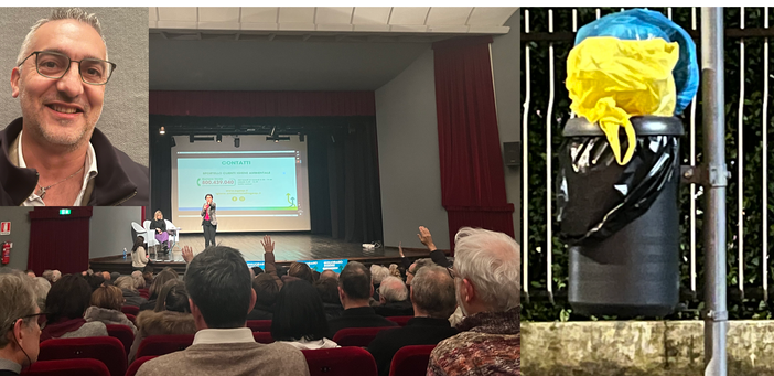 L'incontro Agesp con Paola Rossi e Claudia Colombo al Lux di Sacconago. L'amministratore unico Francesco Iadonisi. A lato, un triste cestino con rifiuti domestici a Sant'Edoardo