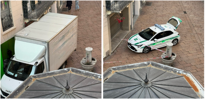 Varese, un furgone rischia di abbattere un balcone in corso Matteotti Varese, un furgone rischia di abbattere un balcone in corso Matteotti