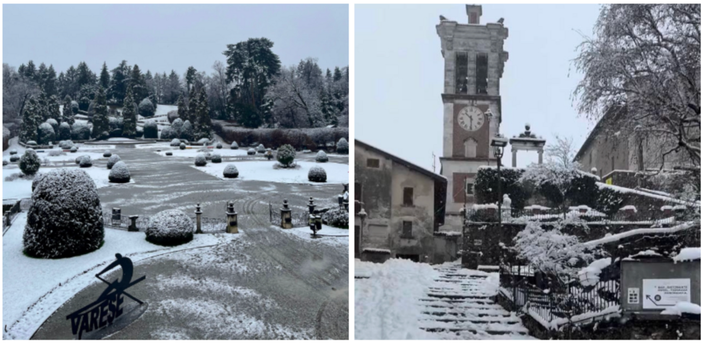 I Giardini Estensi imbiancati (foto Comune di Varese) e il Sacro Monte immerso in una magica atmosfera (foto Livio Lonati)