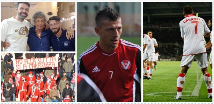 Alessandro Carrozza, 41 anni, in maglia Varese - a destra mentre mima una partita a golf con la bandierina e Buzzegoli infila la pallina il giorno dell'esordio vincente in B sul campo del Torino - e in alto a sinistra nel suo ristorante Rosinella di Gallipoli insieme a Silvio Papini e Giuseppe Figliomeni (foto Ezio Macchi)