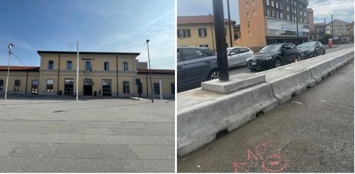 A sinistra l'area stazioni dopo la riqualificazione in piazzale Trieste, a destra lo spartitraffico definito "sovietico" dalla Lega