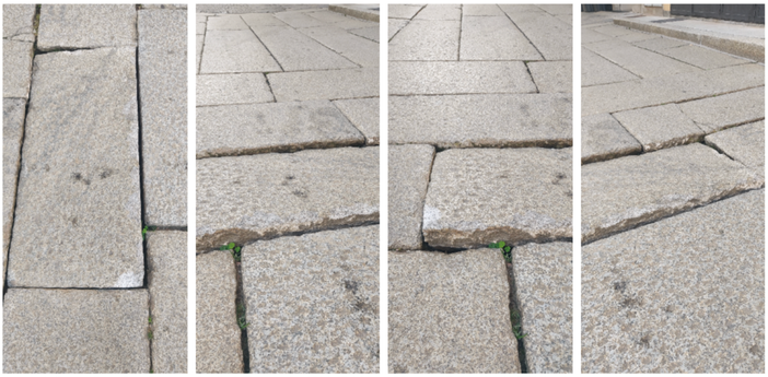 La zona di pavimentazione sconnessa in piazza San Vittore segnalata da una cittadina La zona di pavimentazione sconnessa in piazza San Vittore segnalata da una cittadina