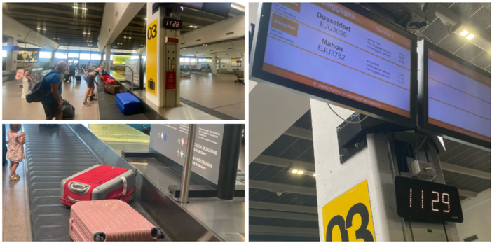 Domenica 17 agosto: il volo EasyJet da MInorca al Terminal 2 di Malpensa atterra alle 11.05 e alle 11.29 in punto (foto a destra) tutti i bagagli sono già stati riconsegnati ai molti turisti al ritorno dalle vacanze