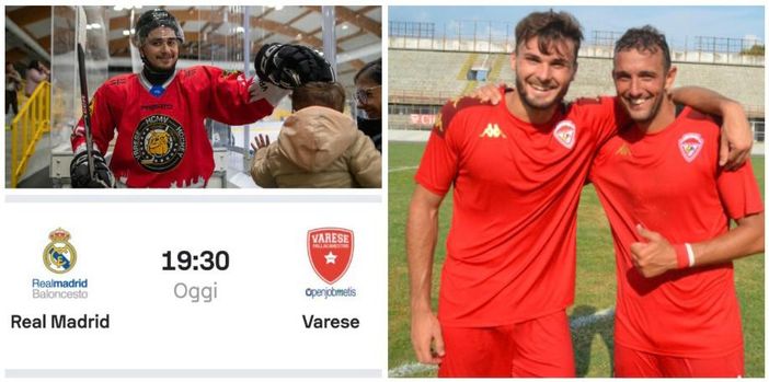 Molinari, a destra felice con Valagussa dopo il 2-0 del Varese alla Varesina in Coppa, oggi merita un regalo dai suoi compagni. Sopra Piroso e i Mastini attendono tutti al palaghiaccio per l'ultima amichevole precampionato, poi alle 19.30 Real Madrid-Varese di basket ci riporterà ad anni gloriosi