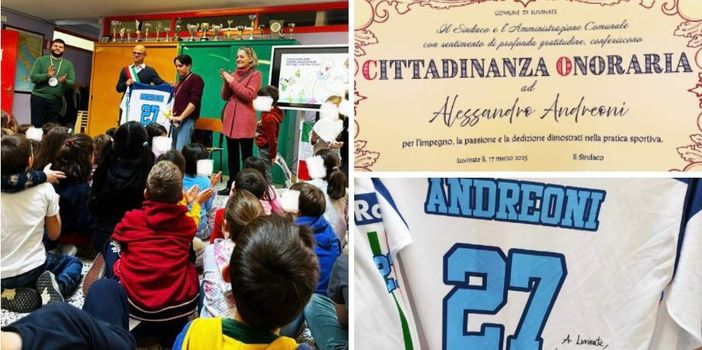 Alessandro Andreoni alla scuola Pedotti di Luvinate, di cui da ieri è cittadino onorario