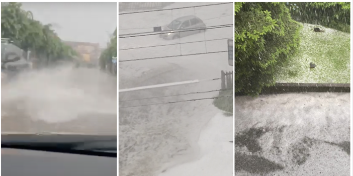 Nella foto da sinistra: strade allagate a Malnate, grandine e fiumi d'acqua a Gazzada (foto gentilmente concessa da Patrizia Crosta) e grandine a Bizzozero