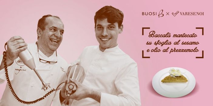 Buosi da mangiare - Baccalà mantecato su sfoglia al sesamo e olio al prezzemolo