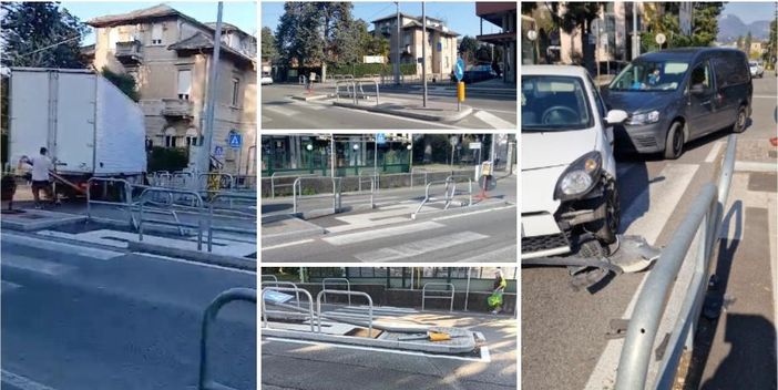Lo spartitraffico con isola pedonale in pieno viale Borri, all'incrocio con via Gozzi: a sinistra il camion incastrato nel tentativo di svolta a destra di ieri pomeriggio, a destra l'incidente di stamattina. Al centro un cartello divelto da mezzi in manovra che passano a fatica o non riescono a deviare