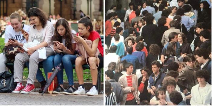 A sinistra tutti al cellulare tra messaggini, cuoricini e fiorellini, vicini eppure lontanissimi. A destra un'immagine delle vasche in corso Matteotti a Varese dove una fiumana di gente s'incontrava, e a volte si scontrava, nella realtà, faccia a faccia (foto di Pamela Pini tratta dalla Varese Nascosta) A sinistra tutti al cellulare tra messaggini, cuoricini e fiorellini, vicini eppure lontanissimi. A destra un'immagine delle vasche in corso Matteotti a Varese dove una fiumana di gente s'incontrava, e a volte si scontrava, nella realtà, faccia a faccia (foto di Pamela Pini tratta dalla Varese Nascosta)