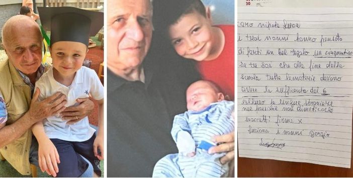 L'amore di un nonno per i suoi nipoti. Giorgio Grossi insieme a Marco e Luca e la letterina-promessa scritta a Luca insieme a nonna Luciana L'amore di un nonno per i suoi nipoti. Giorgio Grossi insieme a Marco e Luca e la letterina-promessa scritta a Luca insieme a nonna Luciana