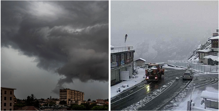Nelle immagini dell'esperto e fotografo Gianluca Bertoni il passaggio della "shelf cloud" o nube a forma di mensola che ha quasi lambito i tetti delle case a Varese e il risveglio innevato di questa mattina allo Stelvio