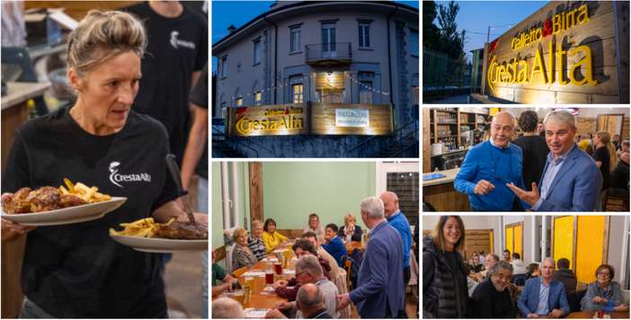 Inaugurato ieri sera il Cresta Alta, locale che nell'ex Circolo di San Fermo in via Brennero punta su galletto alla brace e birra artigianale. Qui sopra a destra nella seconda foto il sindaco Galimberti con il presidente della Cooperativa di Valle Olona, Luigi Vanetti, e più in basso con il vicesindaco Perusin, l'assessore Malerba e Luisa Oprandi
