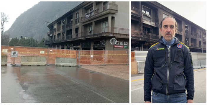 L'edificio danneggiato dalle fiamme e il sindaco Santagostino sul posto