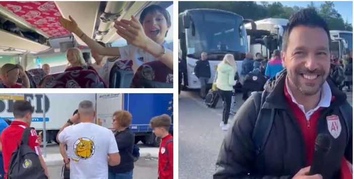 Nel collage il viaggio dei ragazzini biancorossi che cantano "Forza Varese" sui pullman verso la Croazia, Angelo Bruno, direttore dell'Accademia, e un gruppetto con maglie del club e dei Mastini alla partenza dallo stadio Nel collage il viaggio dei ragazzini biancorossi che cantano "Forza Varese" sui pullman verso la Croazia, Angelo Bruno, direttore dell'Accademia, e un gruppetto con maglie del club e dei Mastini alla partenza dallo stadio