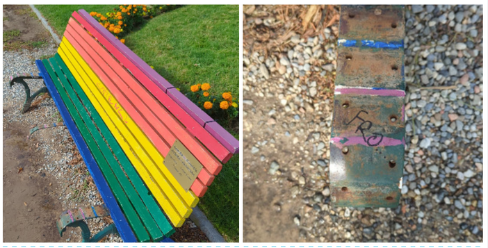 Vandalizzata la panchina arcobaleno ai Giardini Estensi. L'Arcigay: «La ripristineremo perché a Varese non c'è posto per l'odio»