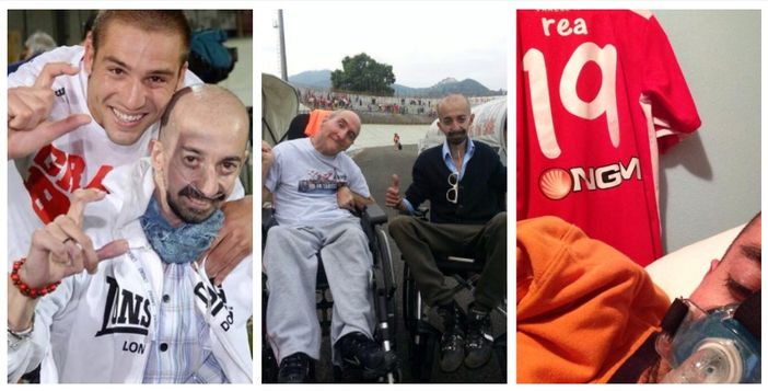 Luca Alfano con Pavoletti, con l'amico Alfredo Luini sulle loro carrozzine accanto alla panchina del Varese e addormentato con la maglia biancorossa sullo sfondo