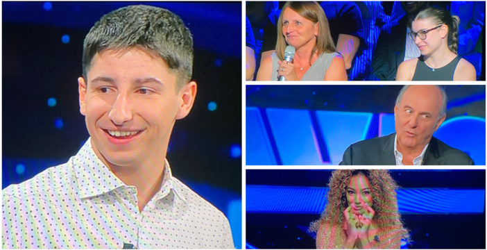 Andrea Siciliano accompagnato in studio anche da mamma Morena, in alto a sinistra, e applaudito da Gerry Scotti e da Samira