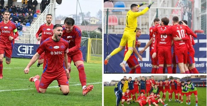 L'urlo di Bertoli, il salto del portierone Chironi e un gruppo che sta bene assieme, si diverte e vince: ecco la Varesina a sei gare dalla fine (foto Enrico Scaringi - Varesina Calcio)