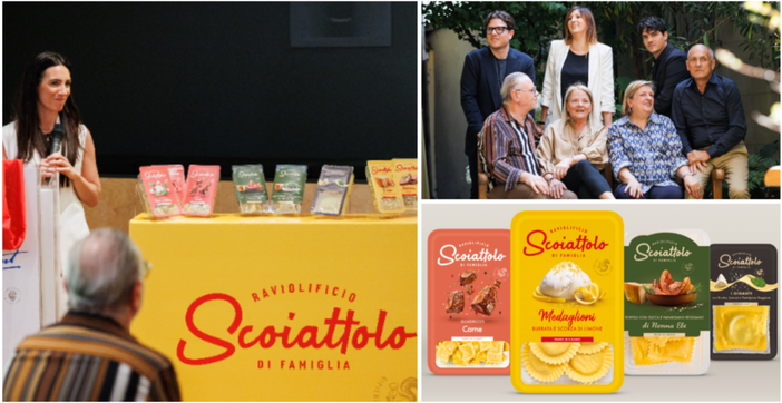 Nuovo logo e rebranding per lo Scoiattolo: a sinistra Alice Galli, responsabile comunicazione e marketing dell'azienda varesina, alla presentazione milanese di oggi a Robilant; sopra a destra foto di famiglia e le quattro nuove linee che racchiudono i prodotti del raviolificio