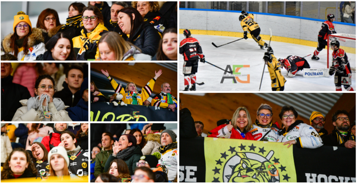 Terzago esulta nella culla di ghiaccio giallonera di via Albani (foto Alberto Bernasconi)