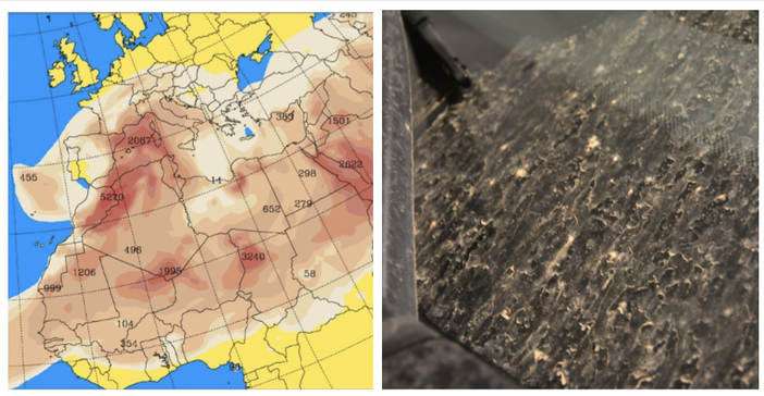 Da sinistra: la mappa delle correnti nordafricane e gli effetti delle polvere color ocra sulle auto a Varese (foto dal Centro Geofisico Prealpino) Da sinistra: la mappa delle correnti nordafricane e gli effetti delle polvere color ocra sulle auto a Varese (foto dal Centro Geofisico Prealpino)