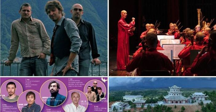 Dall'alto a sinistra i tre fratelli Settegrani Flavio (batterista), Fabrizio (voce) e Mauro (chitarra), l'Orchestra Sinfonica Jinghui Guangxuan, il tempio Xizu in Madagascar e la locandina dell'evento a cui sarà presente anche Andrea Pirlo