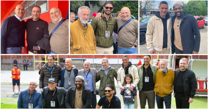 Dall'alto in senso orario Pertile con gli amici Mangia e Scapini, Frontini con Lazaar e lo stesso Scapini, la coppia Neto-Ebagua e, poi, il gruppone degli ex in campo nella foto di Ezio Macchi