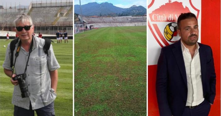 Ezio Macchi, il "signore" delle foto biancorosse, il prato del Franco Ossola dopo gli interventi di ieri e il ds del Varese Antonio Montanaro Ezio Macchi, il "signore" delle foto biancorosse, il prato del Franco Ossola dopo gli interventi di ieri e il ds del Varese Antonio Montanaro