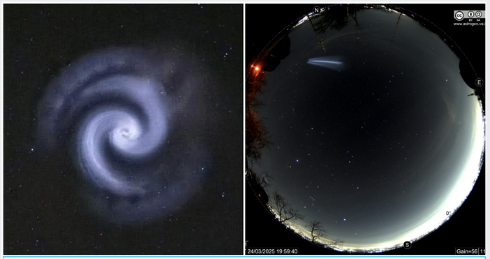 A sinistra: la spirale avvistata in cielo. A destra: una fase della formazione della luce immortalata dalle telecamere dell'Osservatorio al Campo dei Fiori A sinistra: la spirale avvistata in cielo. A destra: una fase della formazione della luce immortalata dalle telecamere dell'Osservatorio al Campo dei Fiori