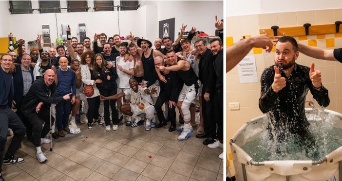 Adriano Vertemati festeggia la promozione con la sua squadra (foto Apu Udine) Adriano Vertemati festeggia la promozione con la sua squadra (foto Apu Udine)