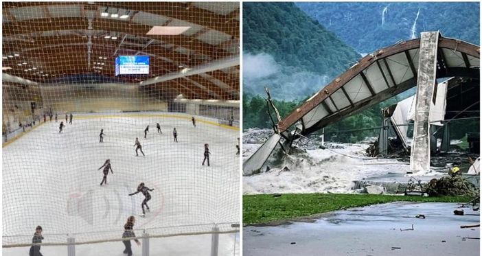 A sinistra la pista dell'Acinque Ice Arena, a destra il palaghiacico di Prato Sornico completamente distrutto A sinistra la pista dell'Acinque Ice Arena, a destra il palaghiacico di Prato Sornico completamente distrutto