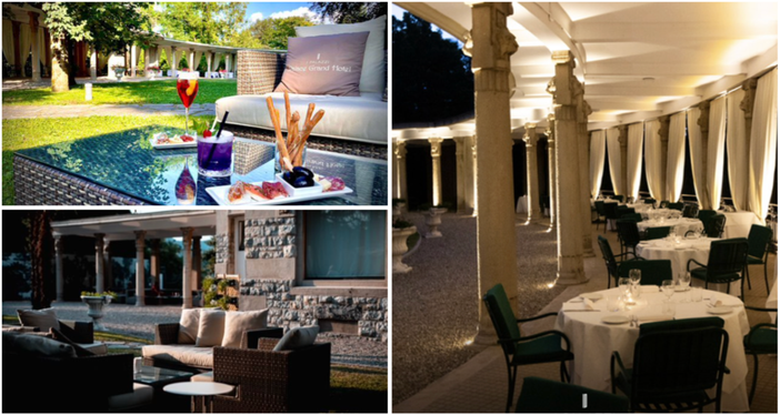 A cena sotto il porticato (destra), a pranzo o all'aperitivo: al Palace Grand Hotel di Varese un'oasi di buon gusto, quiete e bellezza