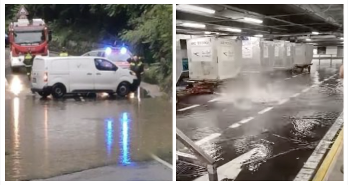 A destra: allagamenti nell'alto Varesotto. A sinistra: un tombino saltato a Malpensa