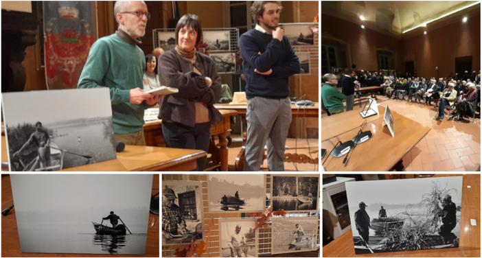 Mario Chiodetti in primo piano all'inaugurazione de "Il lago perduto", la mostra ospitata dalla sala consiliare del Comune di Azzate con 35 sue fotografie in cui sembra di poter toccare l'essenza del lago di Varese: accanto a lui Mariangela Bossi, sorella di Daniele Bossi, il pescatore a cui è dedicata la mostra, e il vicesindaco Giacomo Tamborini
