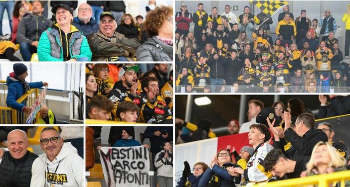 Emozioni giallonere nella sera del 4-2 al Fassa: ci sono anche uno striscione per i Falcons e uno per Marco Matonti, oltre all'eterno Cesare Carlacci qui sopra accanto a Gigi Ruberti (foto Alessandro Umberto Galbiati) Emozioni giallonere nella sera del 4-2 al Fassa: ci sono anche uno striscione per i Falcons e uno per Marco Matonti, oltre all'eterno Cesare Carlacci qui sopra accanto a Gigi Ruberti (foto Alessandro Umberto Galbiati)