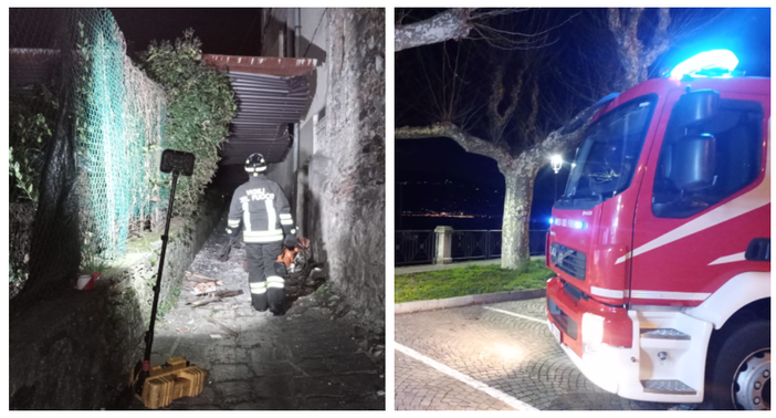 Notte di raffiche di vento sul Varesotto, vigili del fuoco al lavoro: tetto scoperchiato finisce contro delle case a Germignaga