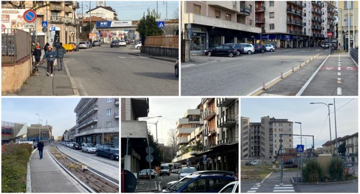 Dall'alto in senso orario: via Tonale e via Carcano, che diventeranno a doppio senso di marcia, poi l'area della stessa via Carcano dove sorgerà il complesso residenziale-commerciale con parcheggi, quindi via Cairoli che potrebbe essere percorribile a senso unico verso via Garibaldi e, infine, l'inizio di viale Belforte con la ciclopedonale