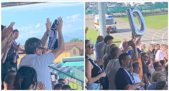 Il patron Milanese risponde all'ovazione dei tifosi nerazzurri che alzano una gigantesca D nel cielo Il patron Milanese risponde all'ovazione dei tifosi nerazzurri che alzano una gigantesca D nel cielo