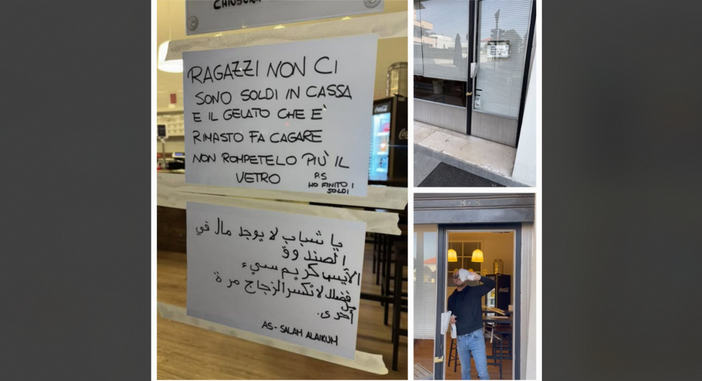 Il cartello, la vetrina spaccata e il titolare della gelateria Claudio Caputo che fa finta di pulire il vetro che non c'è più