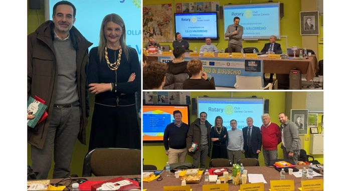 Il senatore Alessandro Alfieri assieme alla dirigente scolastica Carmen Sferlazza e ai rappresentanti del Rotary Club Ceresio durante la sua visita all'ISIS Valceresio