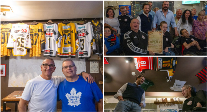 Gigi Ruberti e Sergio Visentin all'ultima serata operativa del gruppo Mastini Forever, che al Birbante ha donato insieme a capitan Vanetti un assegno di 2mila euro agli Skorpions dell'hockey in carrozzina elettrica